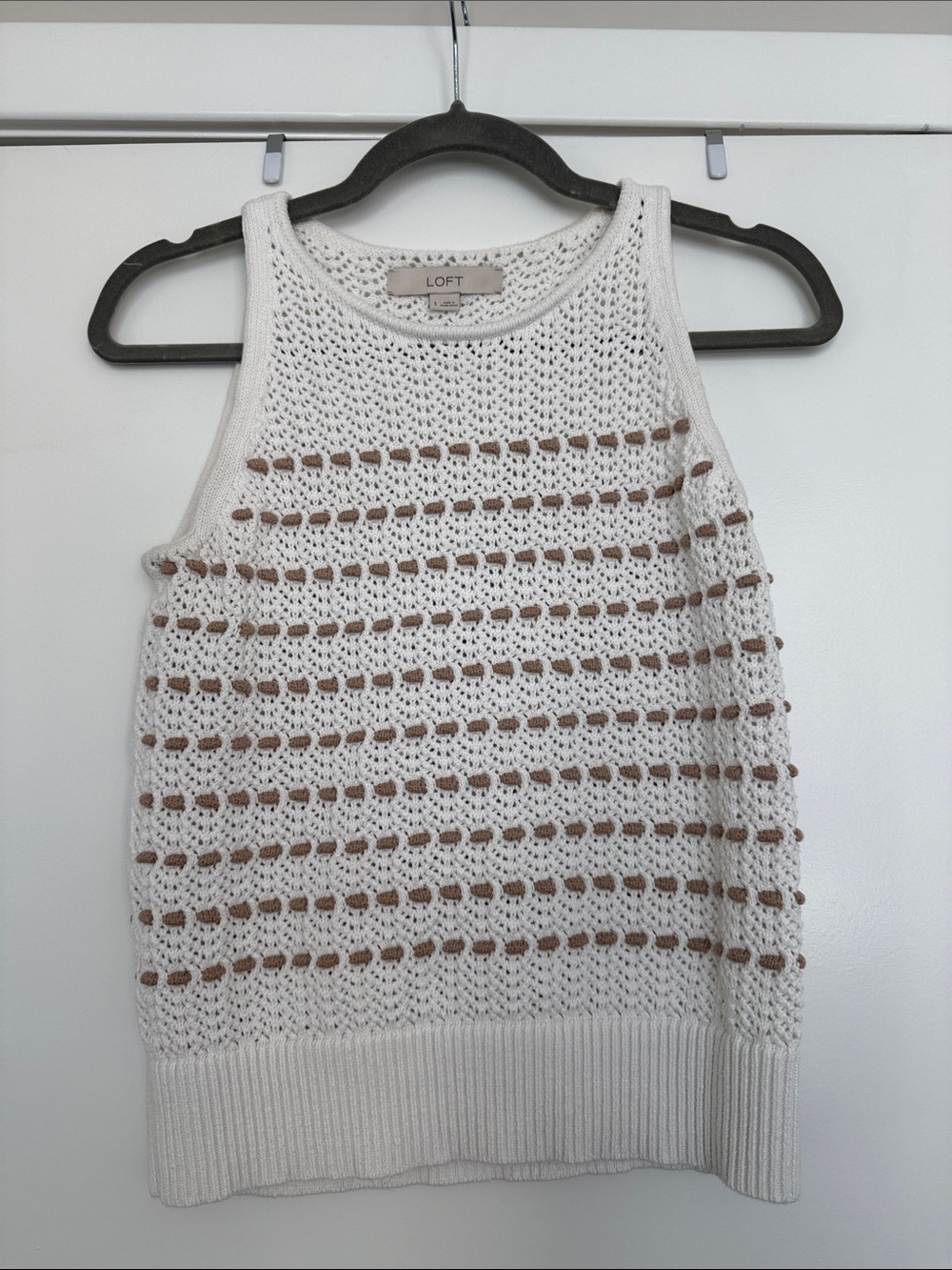 LOFT Cream Crochet Tank with Beige Stripe Detail